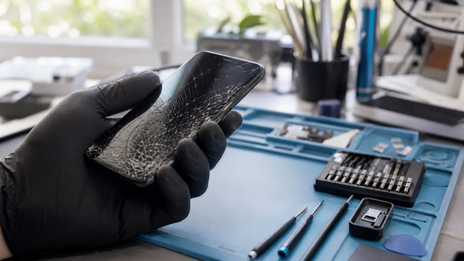 Gesprungenes Smartphone-Display bei der professionellen Begutachtung in einer Reparaturwerkstatt