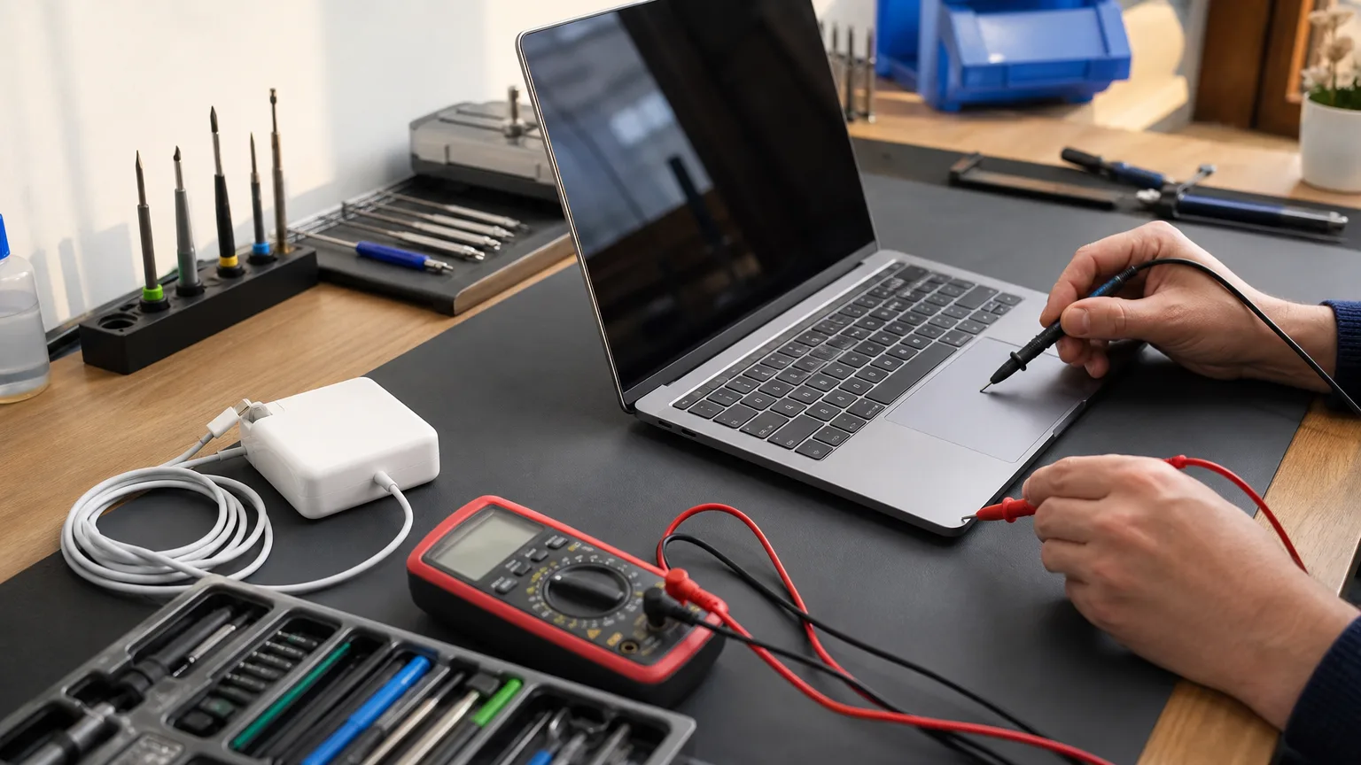 Technikerarbeitsplatz mit geöffnetem Laptop, Netzteil und Prüfgerät zur Diagnose eines Ladefehlers