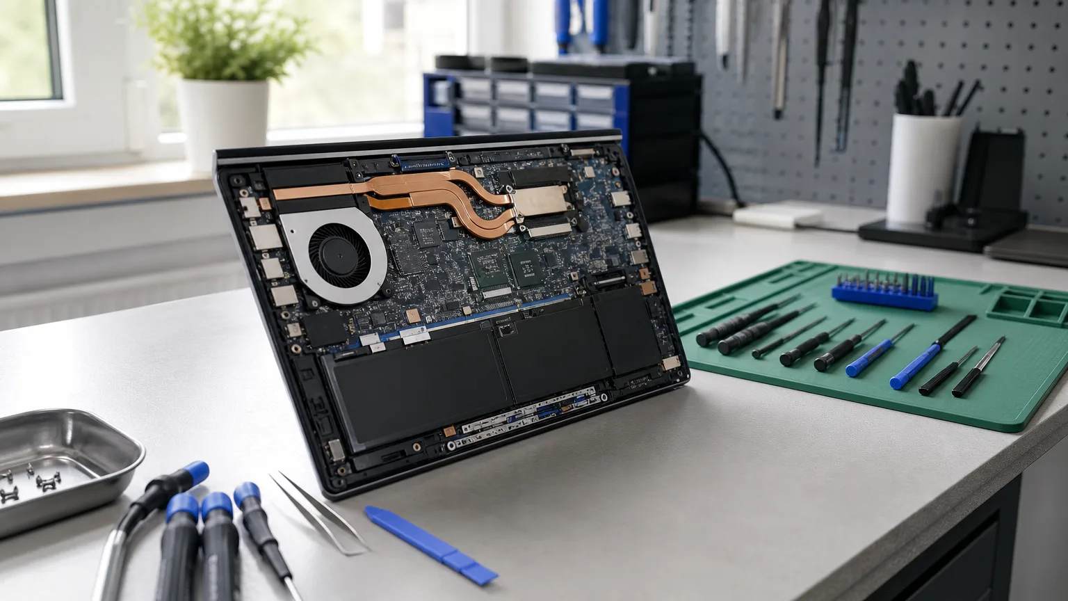 Geöffneter Laptop mit sichtbarem Lüfter und Kühlsystem auf einer Werkbank